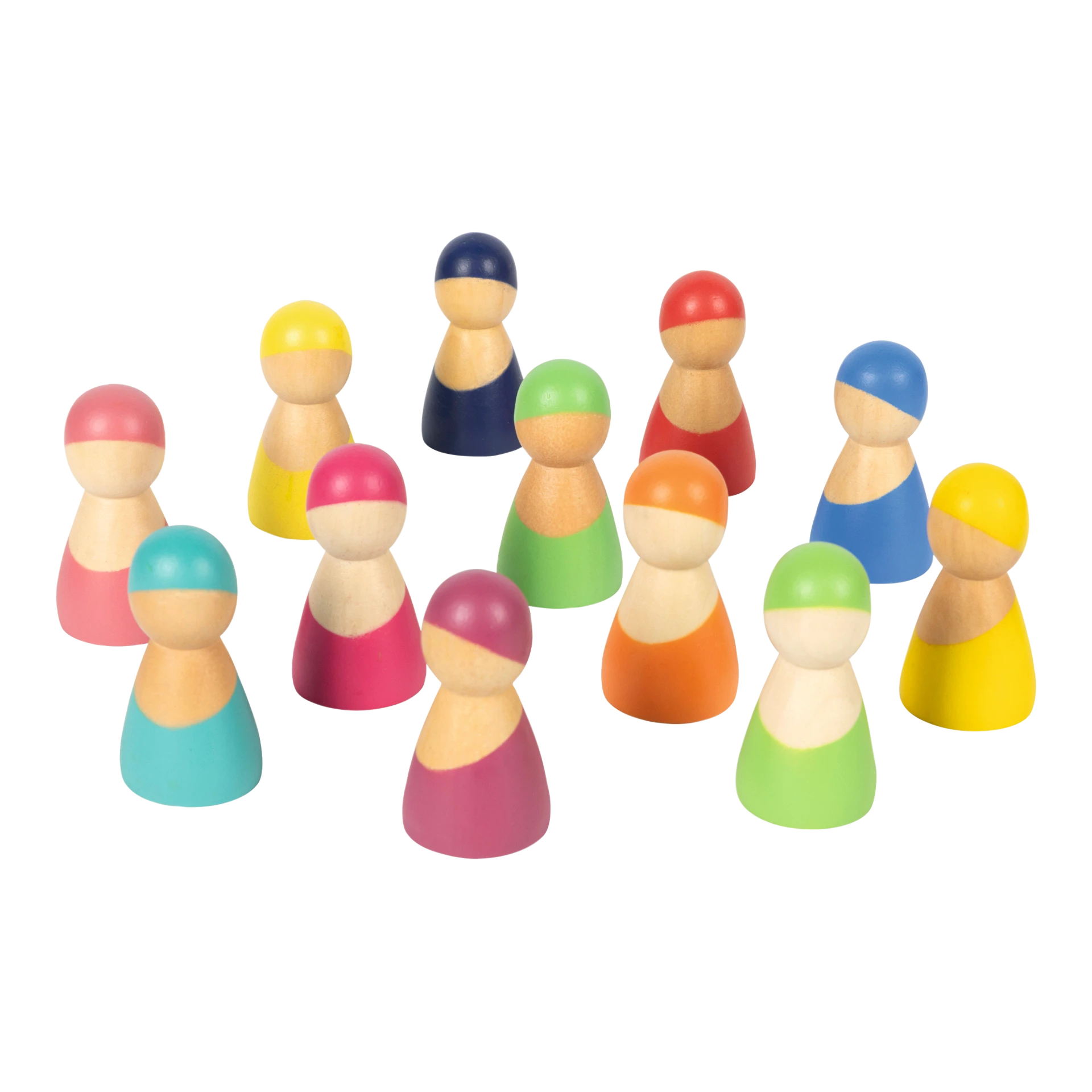 Twaalf houten poppetjes in regenboogkleuren